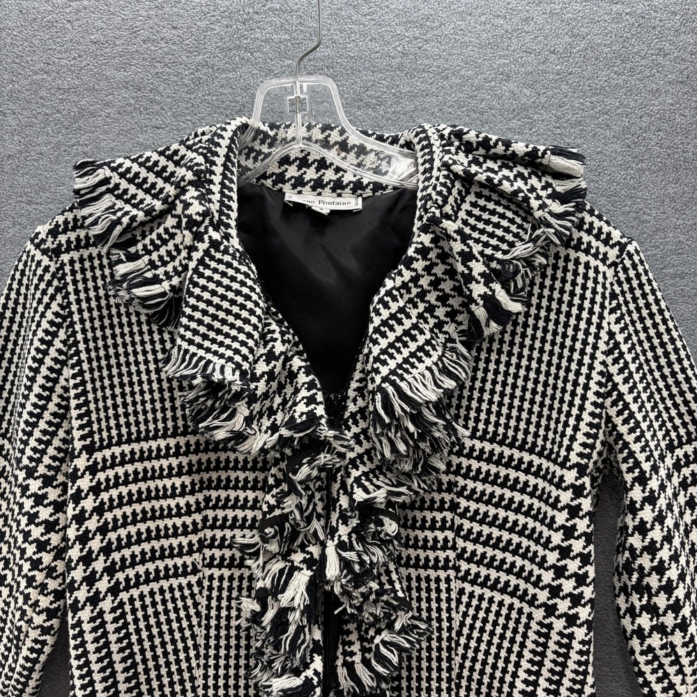 Anne Fontaine Jacket Womens 2 Black White Tweed Ruffle Fringe Full Zip Blazer - Picture 2 of 14